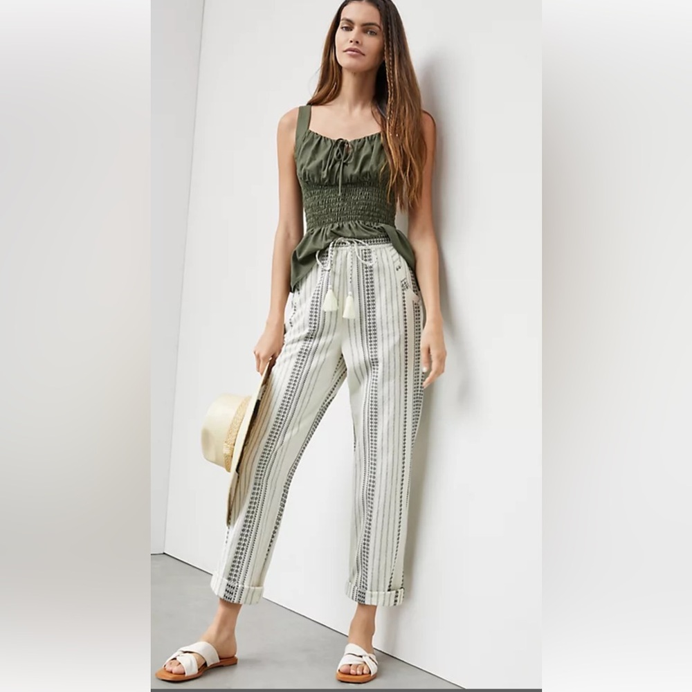 Anthropologie Olive Top with Striped Cropped Pants